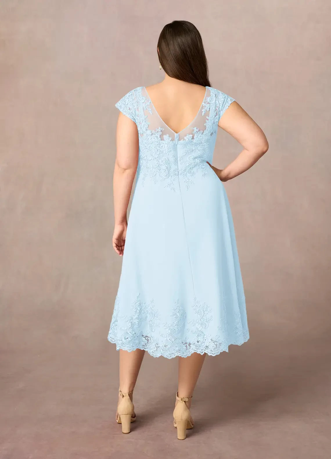 Lovely A Line Illusion Neck Cap Sleeve Zipper Back Plus Size Midi Length Mother of the Bride Dress