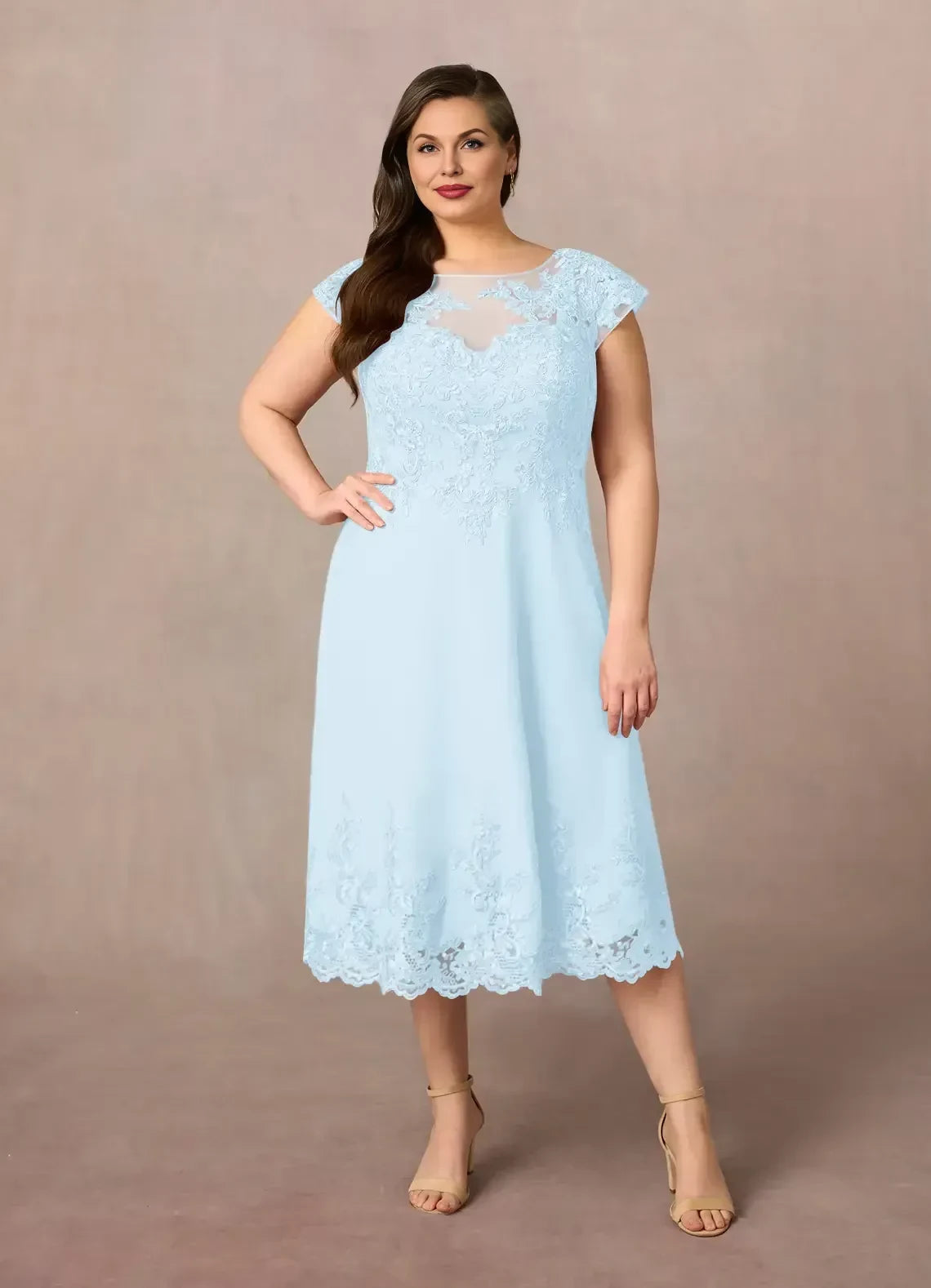 Lovely A Line Illusion Neck Cap Sleeve Zipper Back Plus Size Midi Length Mother of the Bride Dress