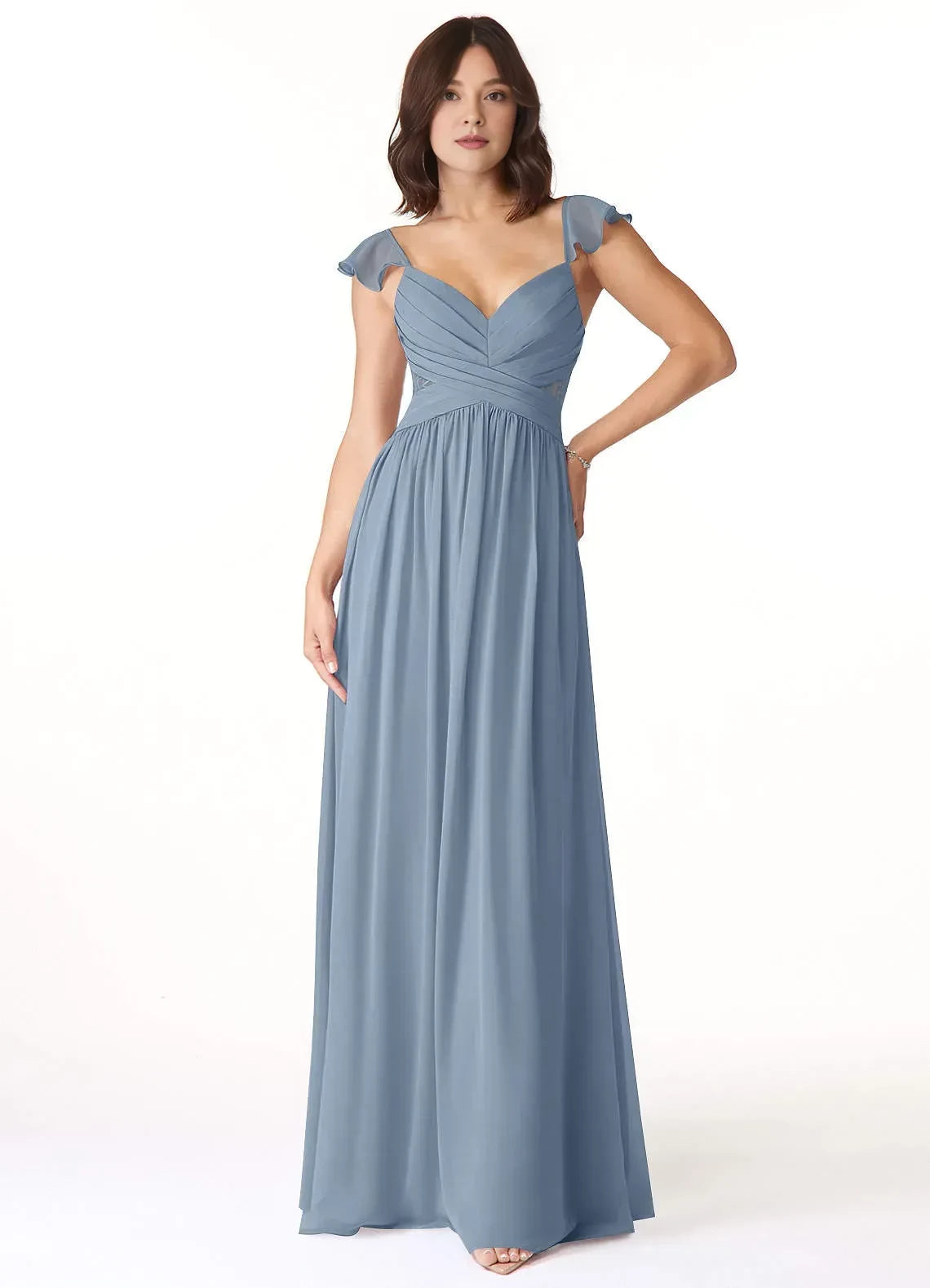 Lovely A Line Sweetheart Neck Ruffled Sleeve Tie Back Floor Length Bridesmaid Dress ﻿