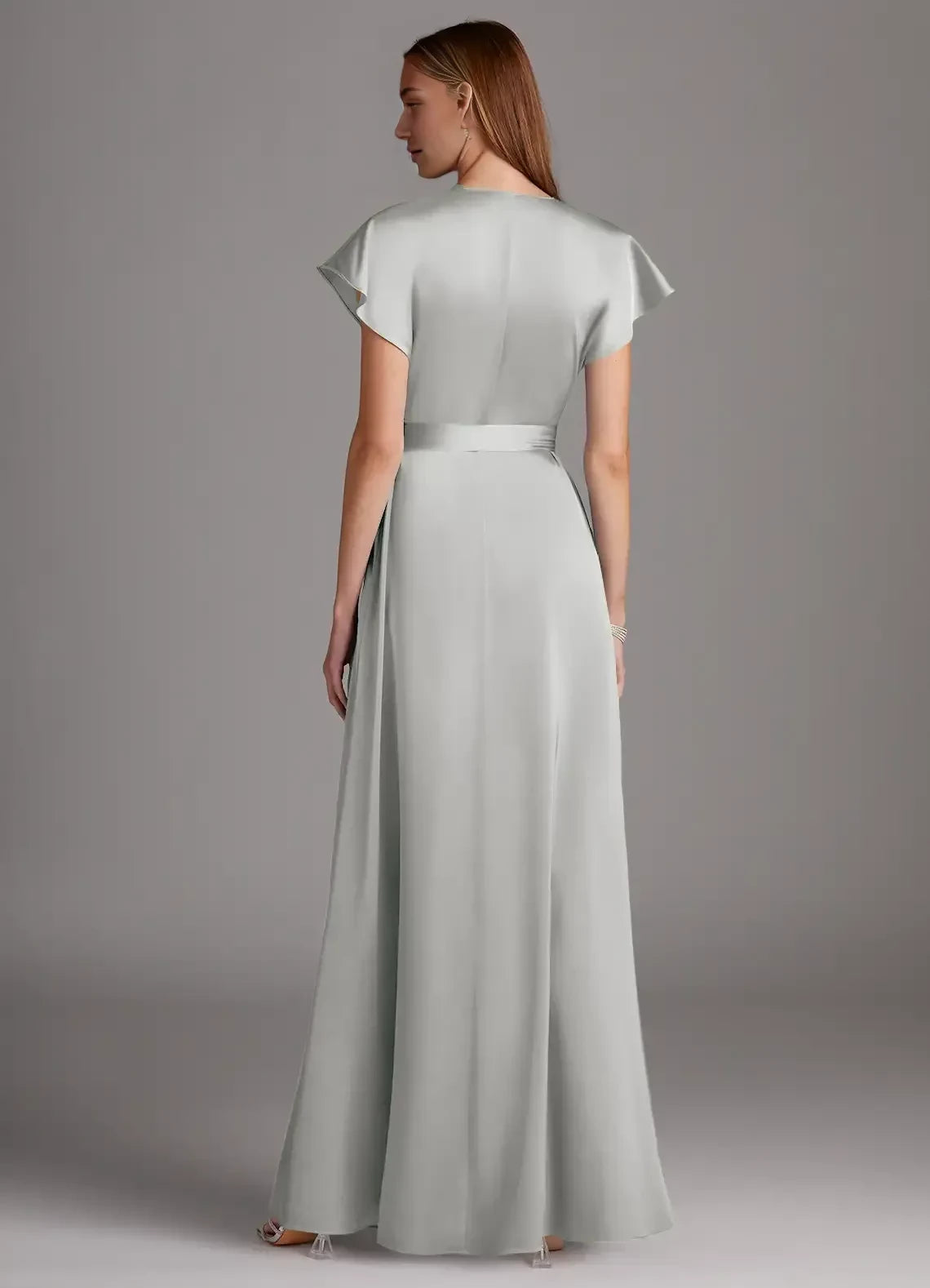 Lovely A Line V Neck Flutter Sleeve Belted Back Floor Length Bridesmaid Dress