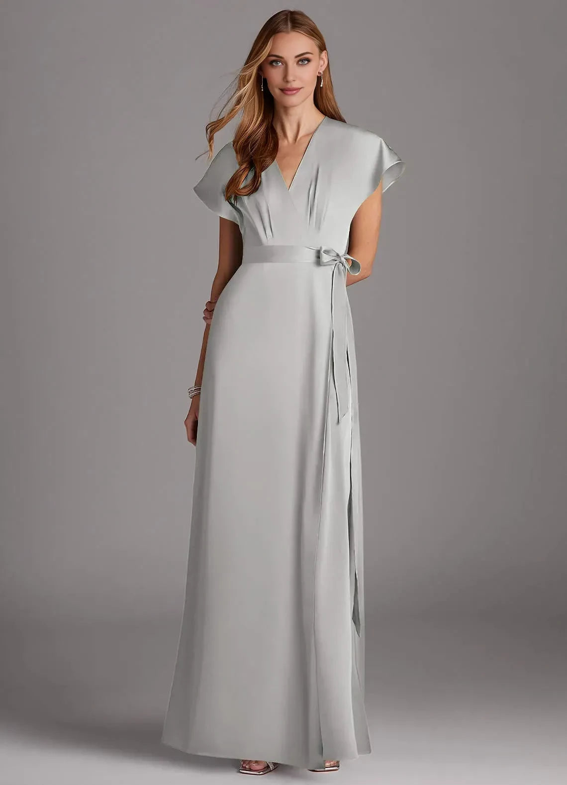 Lovely A Line V Neck Flutter Sleeve Belted Back Floor Length Bridesmaid Dress