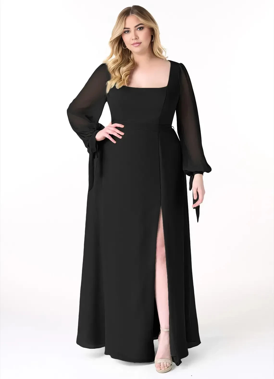 Lovely Plus Size A Line Square Neck Long Sleeve Tie Back Floor Length Bridesmaid Dress
