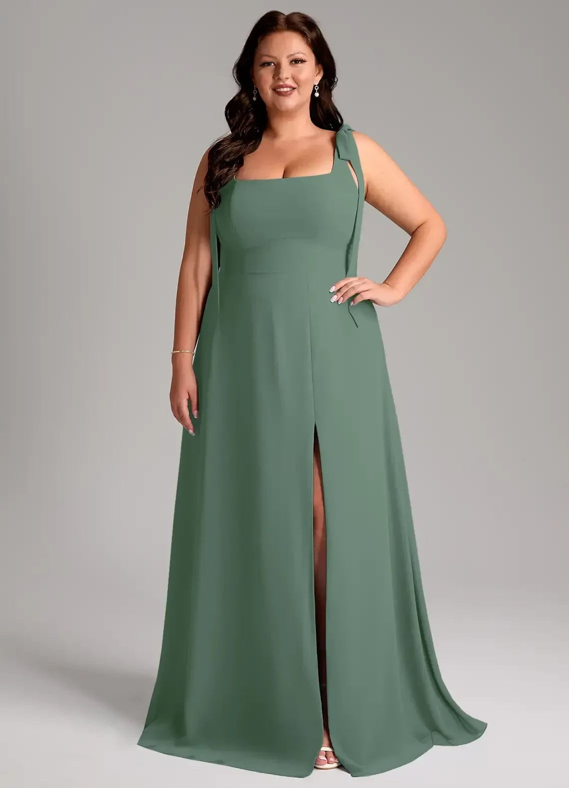 Lovely Plus Size A Line Square Neck Tie Strap Open Back Floor Length Bridesmaid Dress