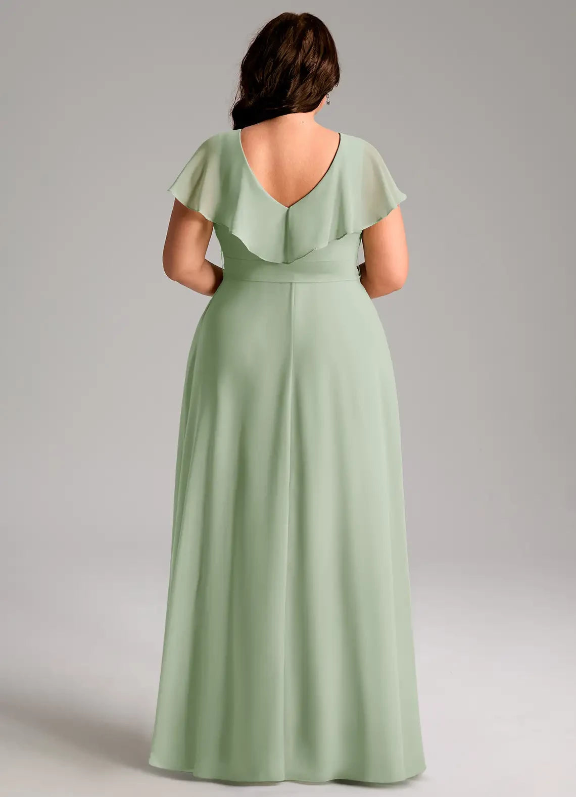 Lovely Plus Size A Line V Neck Flutter Sleeve Open Back Floor Length Bridesmaid Dress