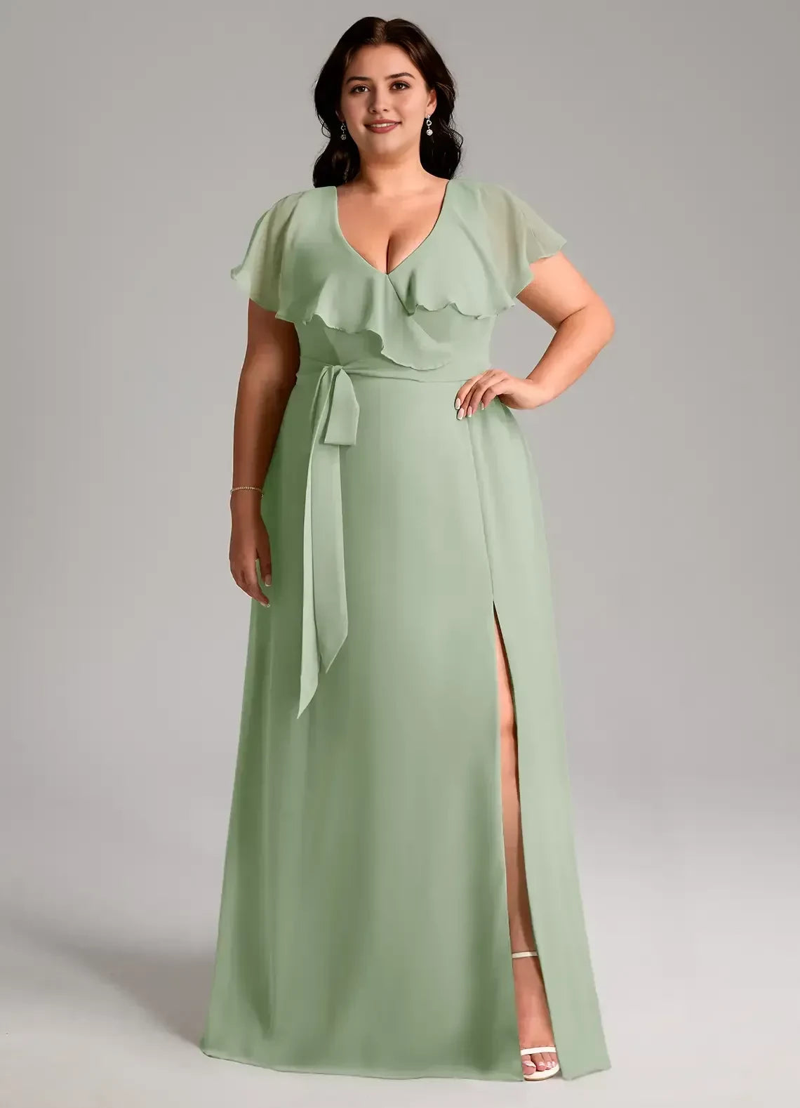 Lovely Plus Size A Line V Neck Flutter Sleeve Open Back Floor Length Bridesmaid Dress