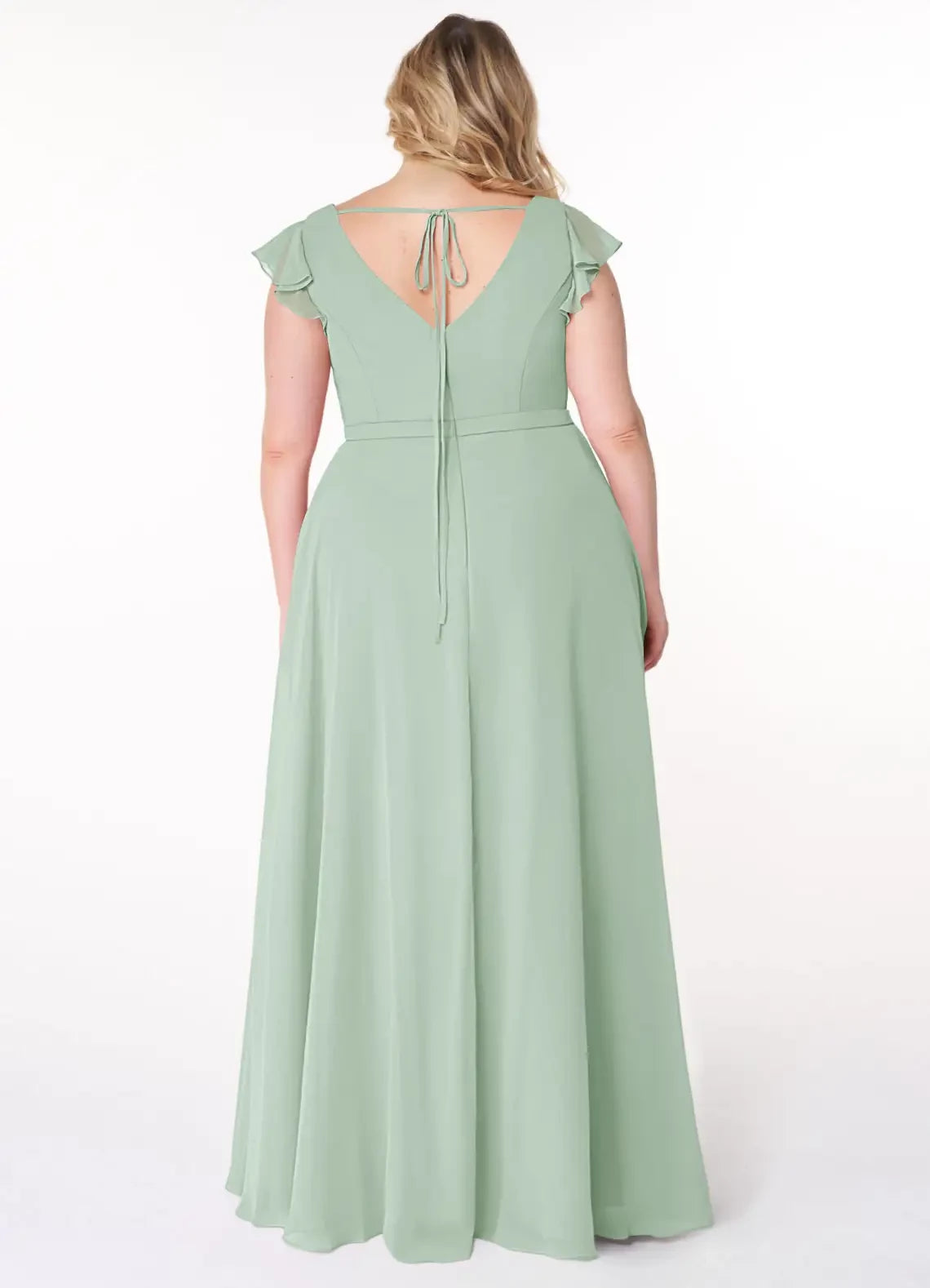 Lovely Plus Size A Line V Neck Ruffled Cap Sleeve Tie Back Floor Length Bridesmaid Dress