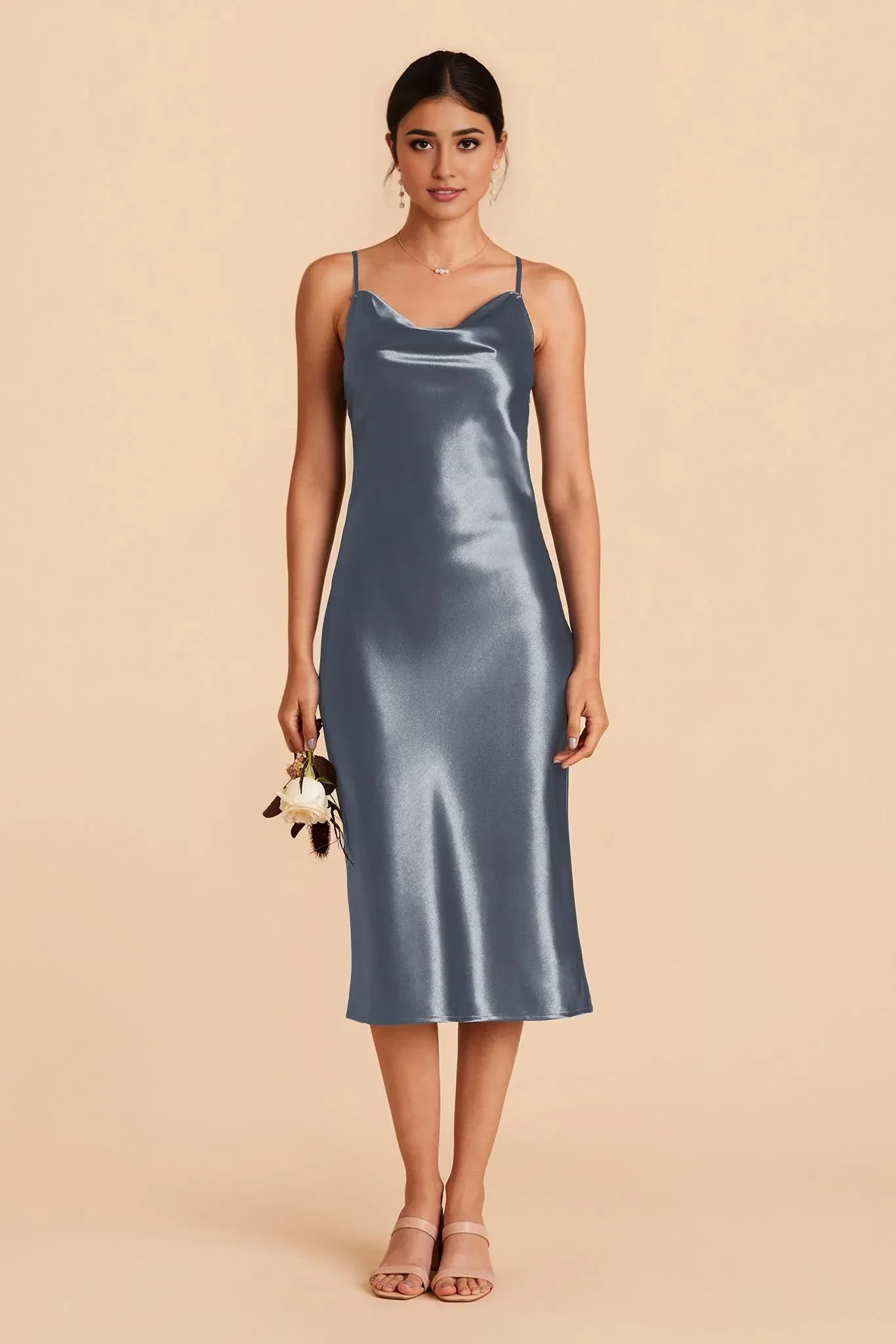 Lovely Sheath Cowl Neck Spaghetti Strap Open Back Midi Length Bridesmaid Dress