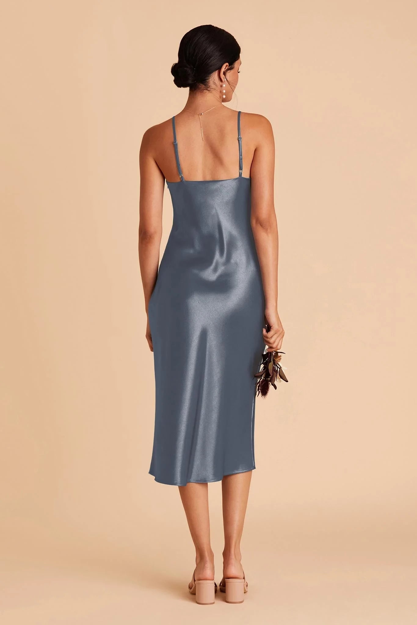 Lovely Sheath Cowl Neck Spaghetti Strap Open Back Midi Length Bridesmaid Dress