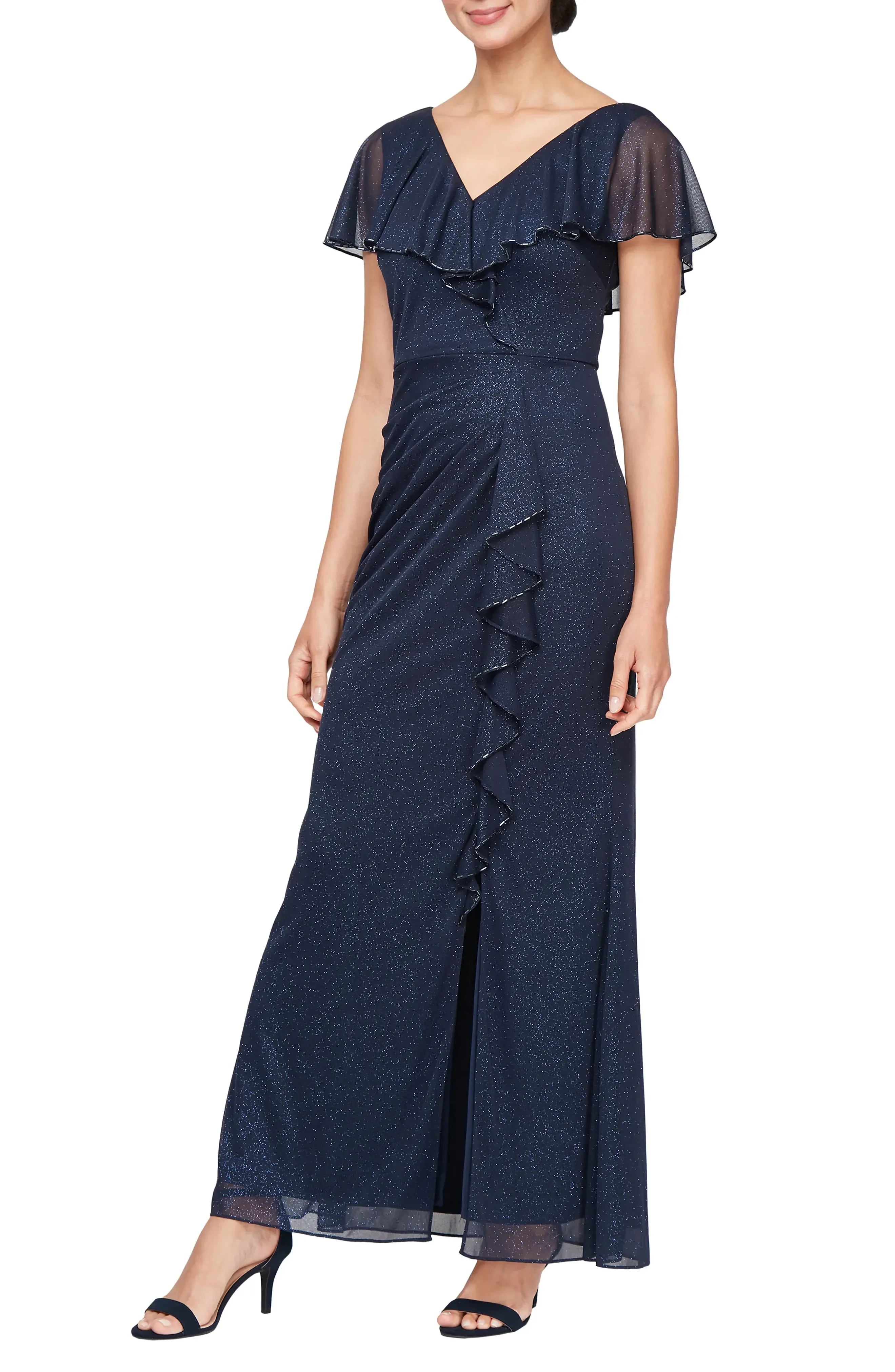 Lovely Sheath V Neck Flutter Sleeve V Back Floor Length Evening Dress