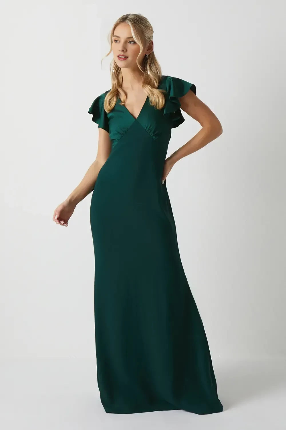 Lovely Sheath V Neck Ruffle Sleeve Tie Back Floor Length Bridesmaid Dress