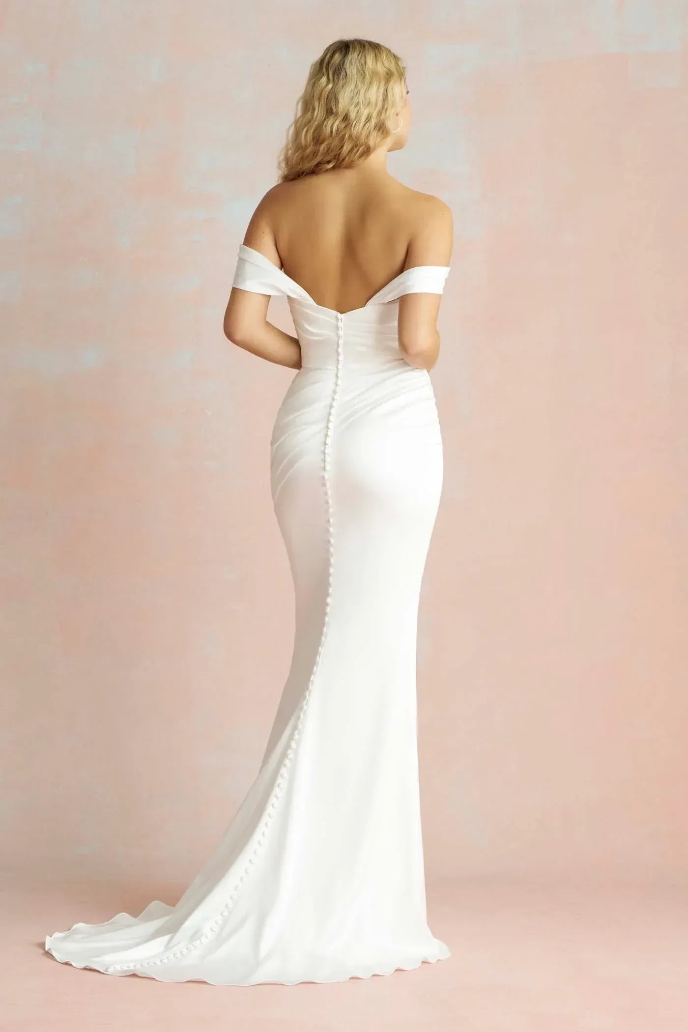 Lovely Trumpet Off Shoulder Short Sleeve Button Back Floor Length Wedding Dress