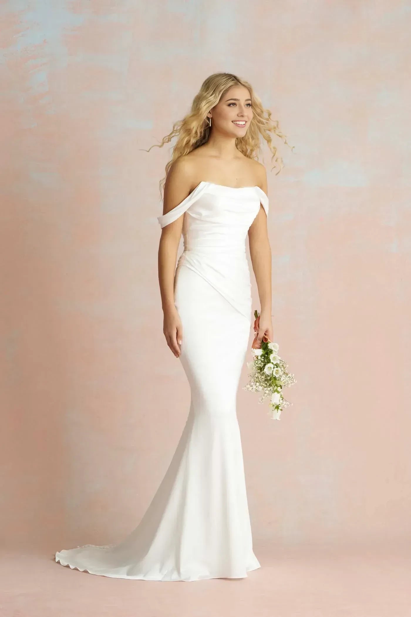 Lovely Trumpet Off Shoulder Short Sleeve Button Back Floor Length Wedding Dress