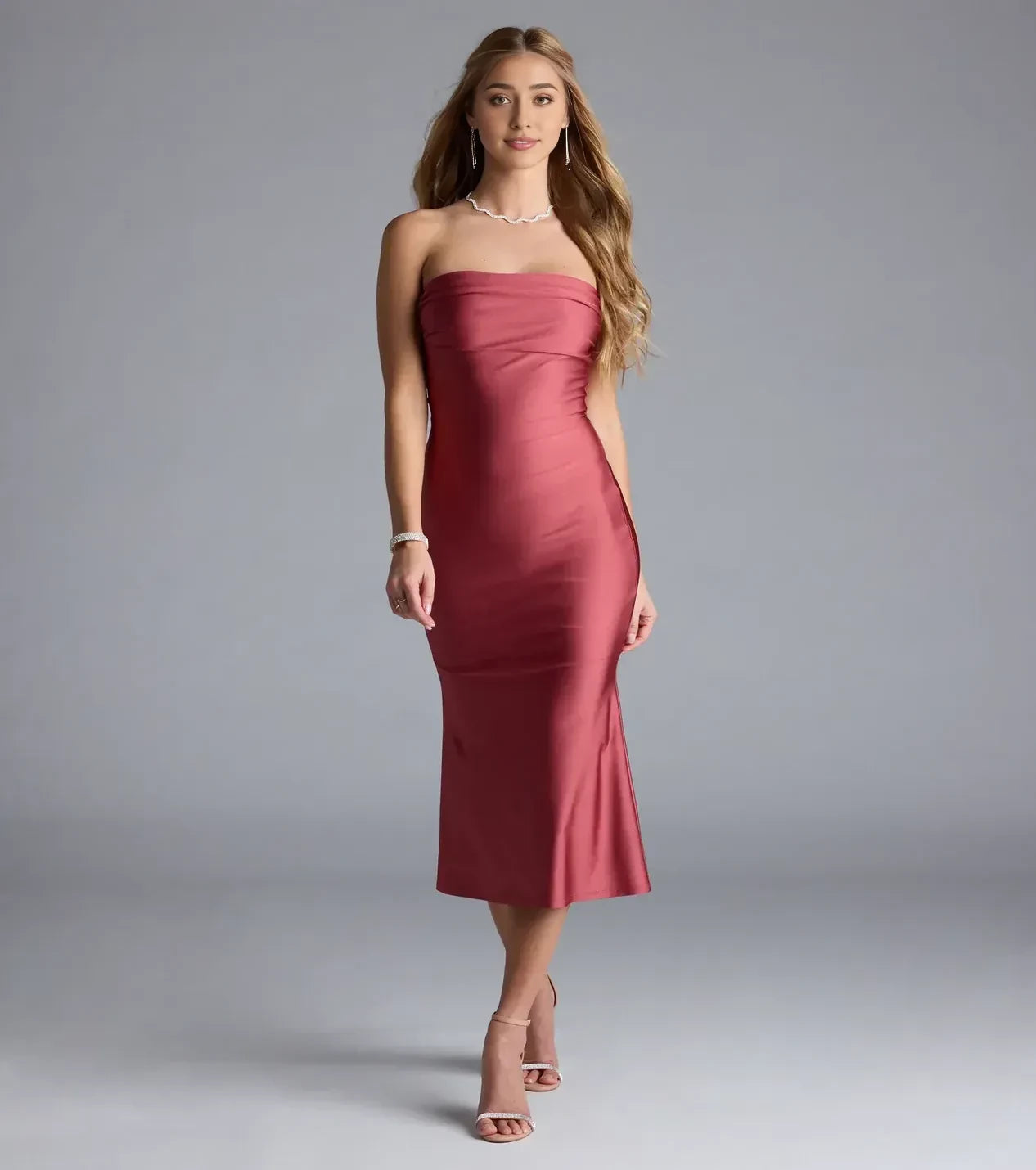 Lovely Trumpet Strapless Sleeveless Open Back Midi Length Bridesmaid Dress