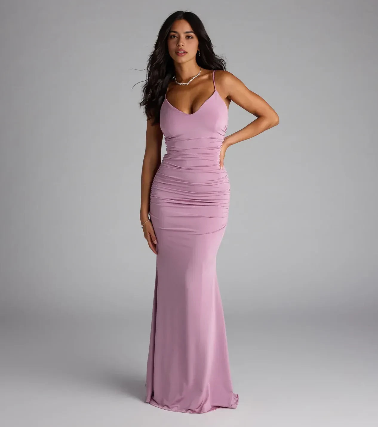 Lovely Trumpet V Neck Spaghetti Strap Ruched Back Floor Length Prom Dress
