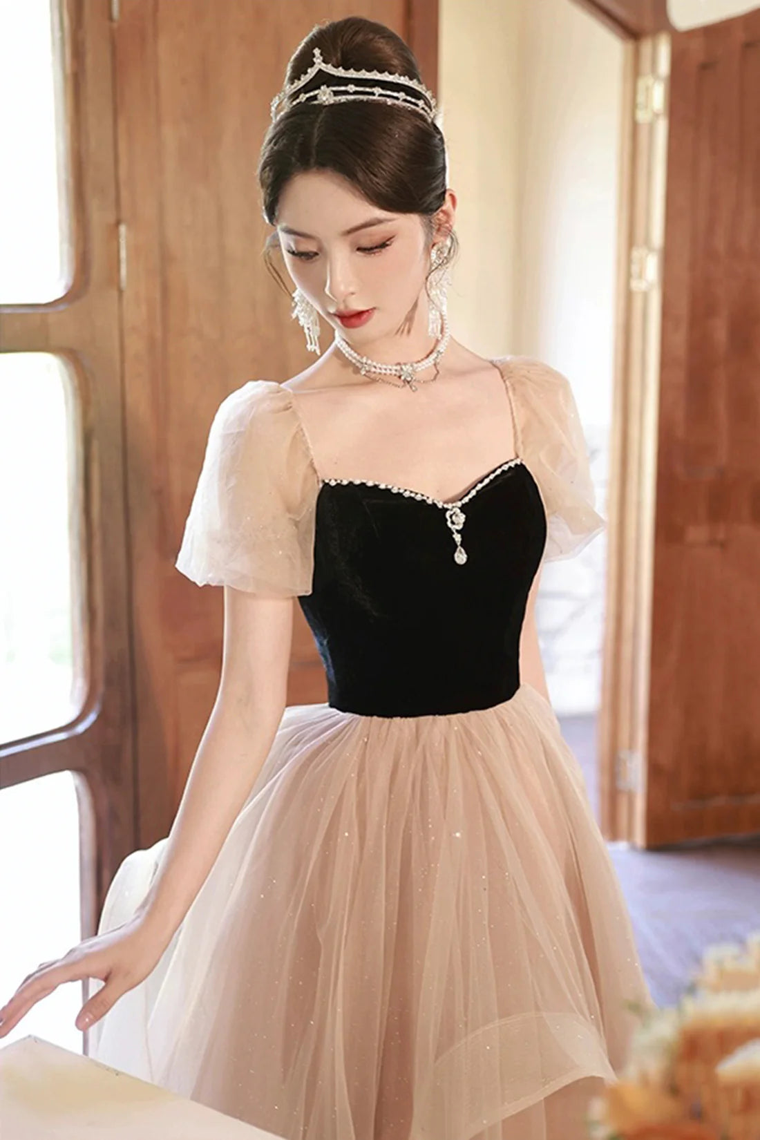 Lovely A-Line Black and Champagne Sweetheart Tulle Long Evening Dress Party Dress