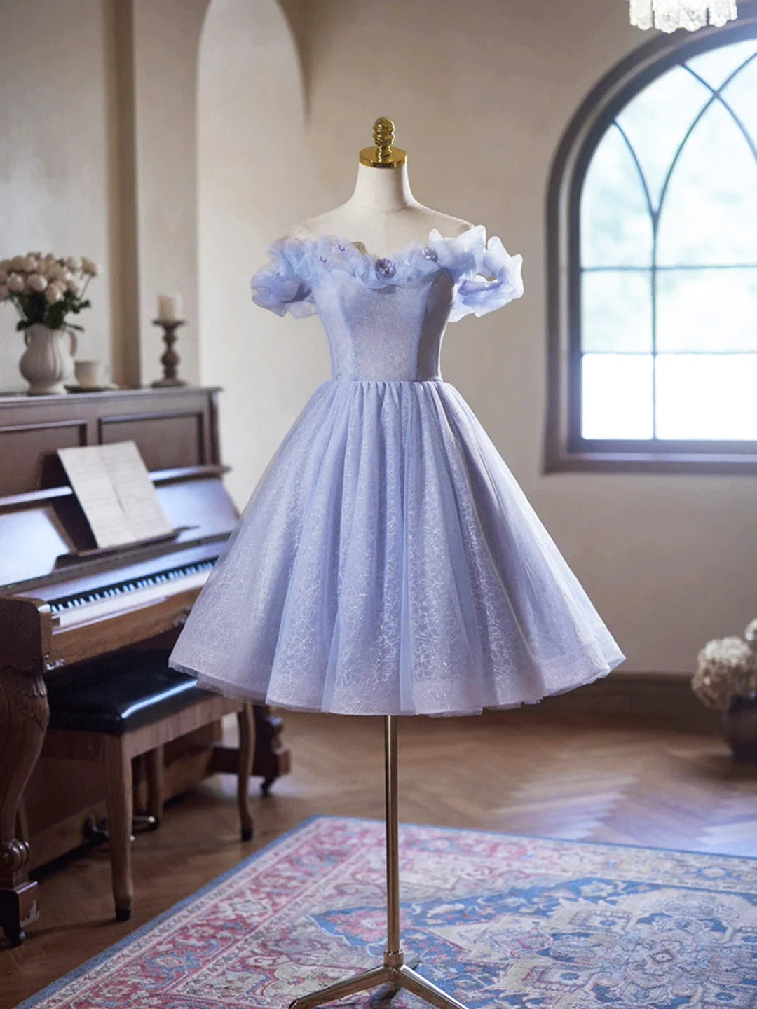 Lovely A-Line Off the Shoulder  Lilac Tulle Knee Length Prom Dress Evening Party Dress