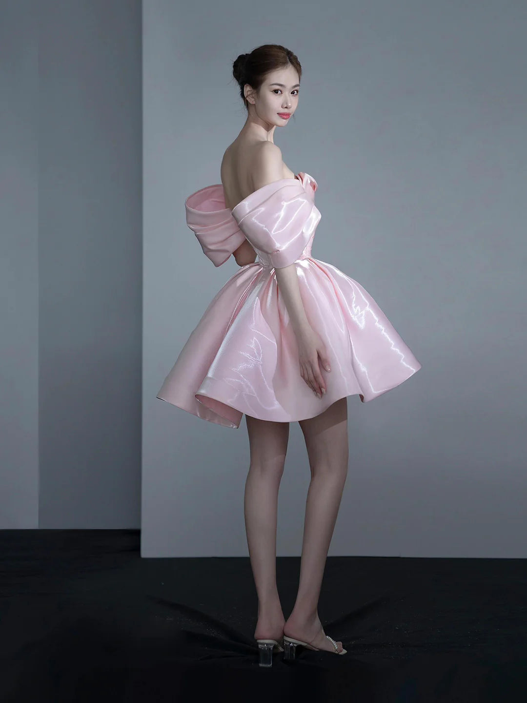 Lovely A-Line Pink Satin Knee Length Prom Dress Off the Shoulder Party Homecoming Dresses