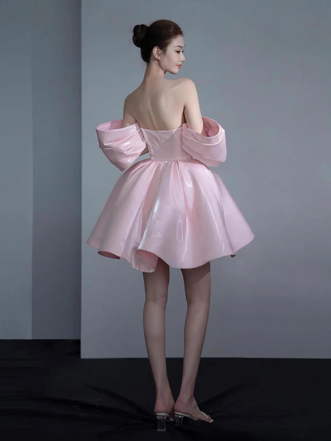 Lovely A-Line Pink Satin Knee Length Prom Dress Off the Shoulder Party Homecoming Dresses