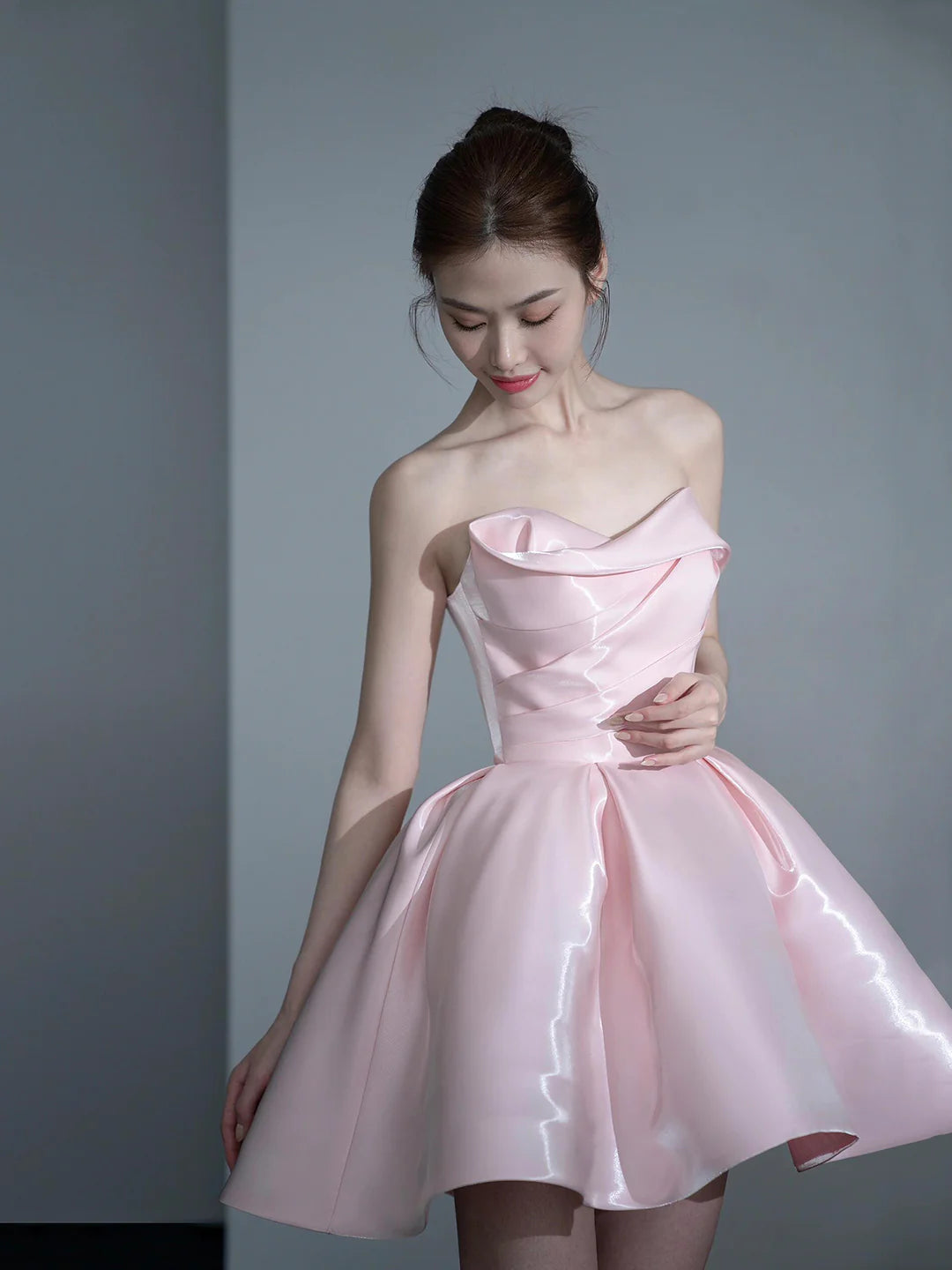 Lovely A-Line Pink Satin Knee Length Prom Dress Off the Shoulder Party Homecoming Dresses