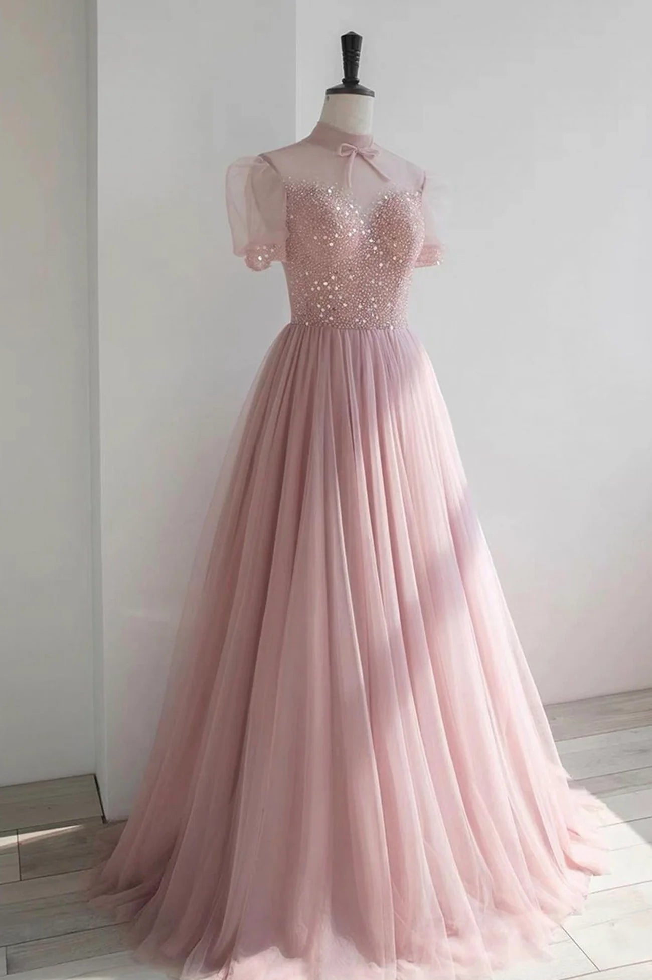 Lovely A-Line Pink Tulle Beading Long Prom Dresses  Evening Party Dresses