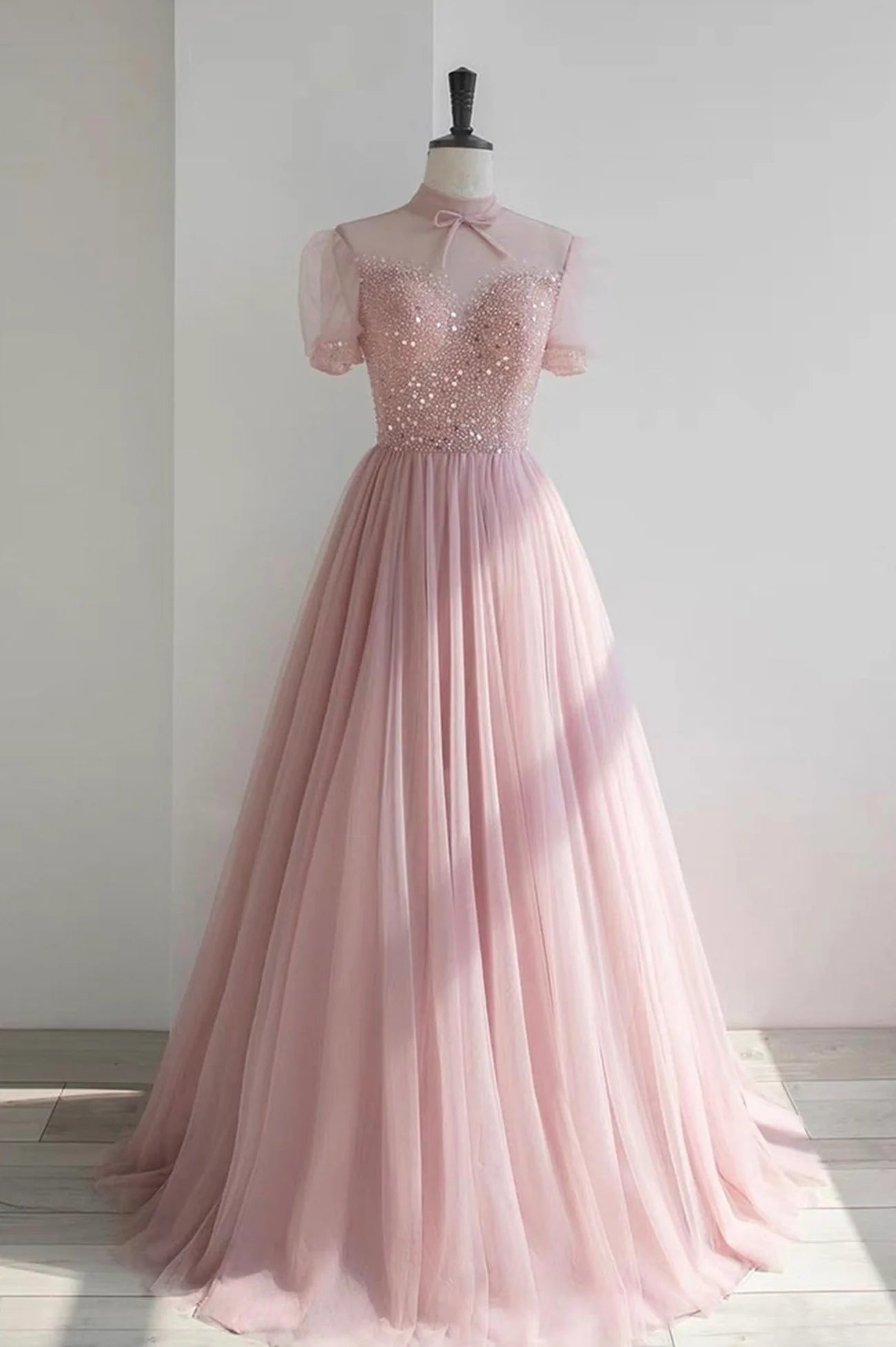 Lovely A-Line Pink Tulle Beading Long Prom Dresses  Evening Party Dresses