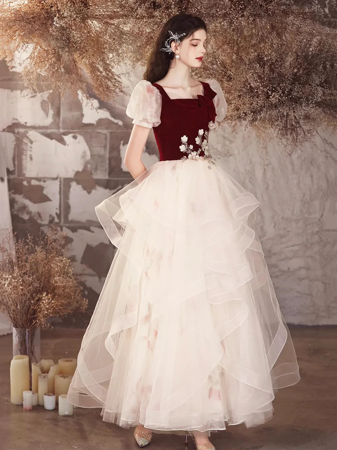 Lovely A-Line Short Sleeve Burgundy Velvet and Champagne Tulle Long Prom Dress Evening Party Dress