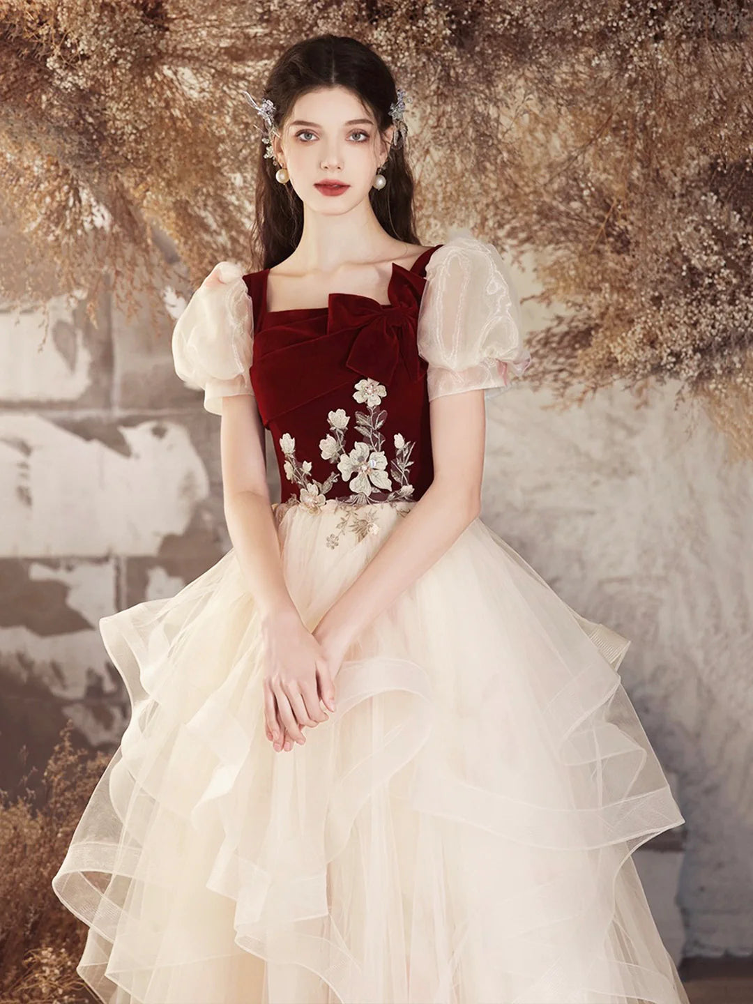 Lovely A-Line Short Sleeve Burgundy Velvet and Champagne Tulle Long Prom Dress Evening Party Dress