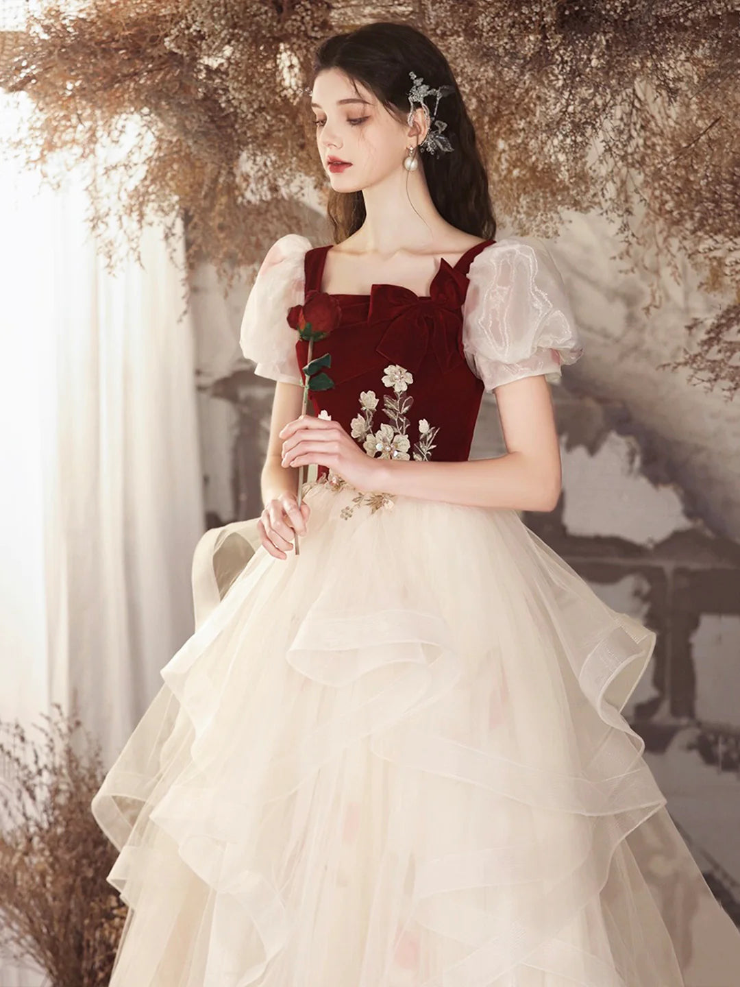 Lovely A-Line Short Sleeve Burgundy Velvet and Champagne Tulle Long Prom Dress Evening Party Dress