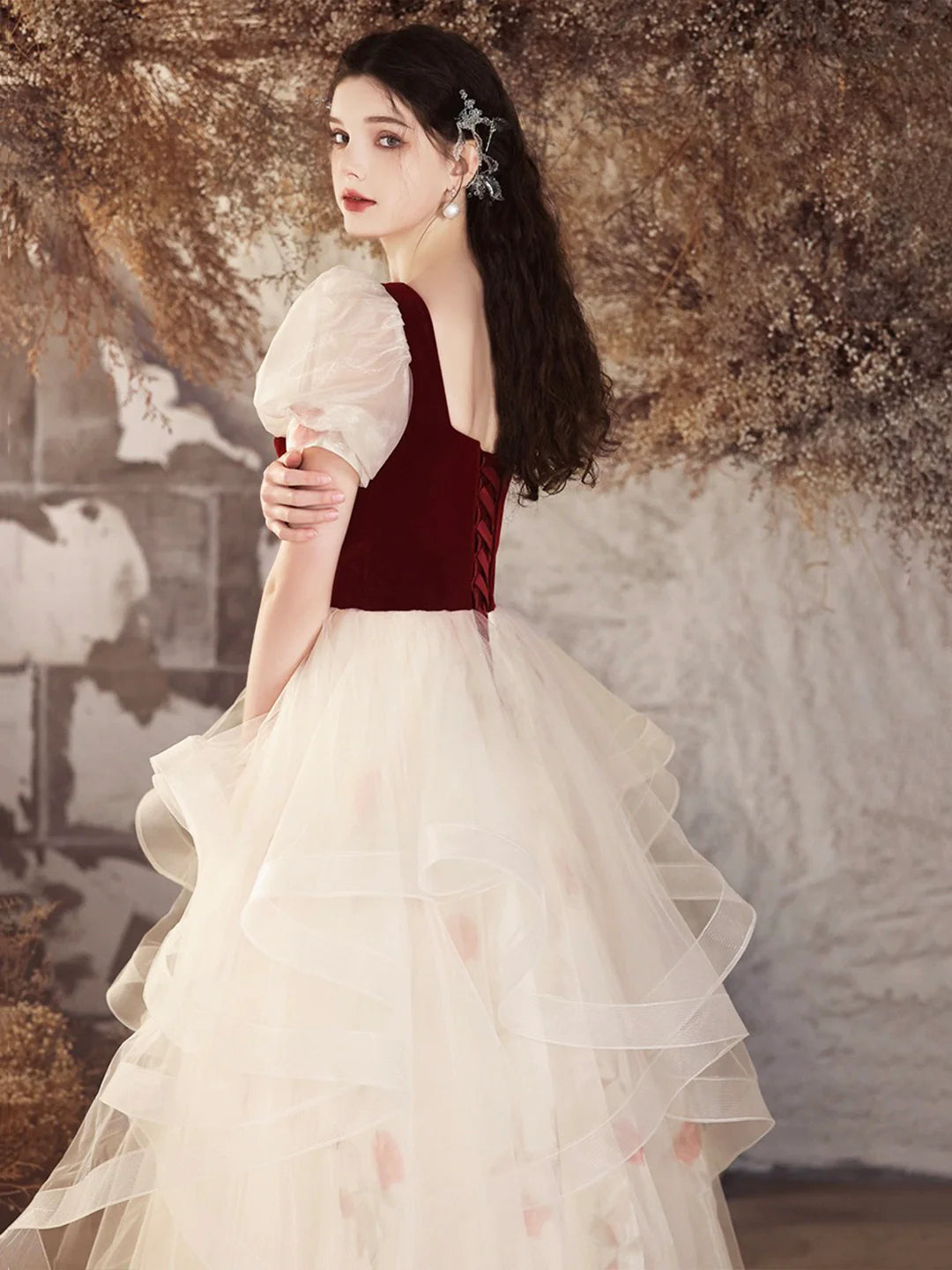 Lovely A-Line Short Sleeve Burgundy Velvet and Champagne Tulle Long Prom Dress Evening Party Dress