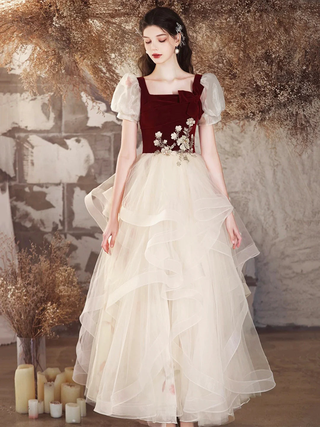 Lovely A-Line Short Sleeve Burgundy Velvet and Champagne Tulle Long Prom Dress Evening Party Dress