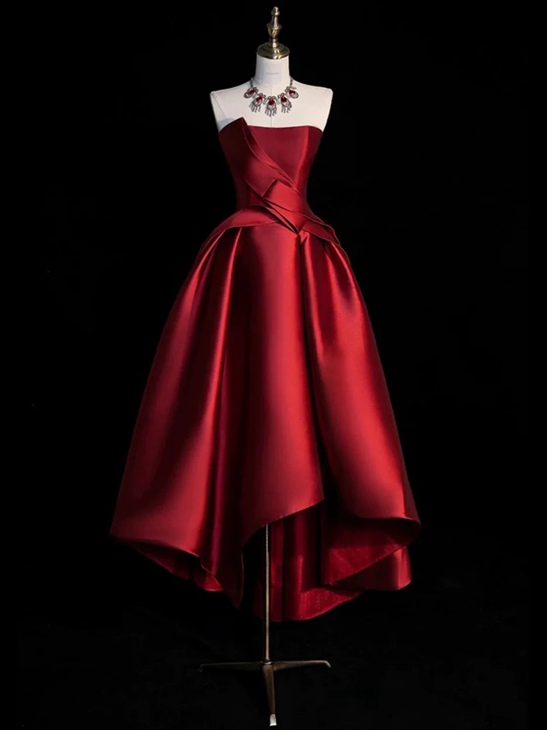 Lovely A-Line Strapless Burgundy Satin Hight Low Prom Dress Party Dress