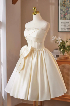 Lovely A-Line Strapless Champagne Satin Short Prom Dress Party Dress with Corset