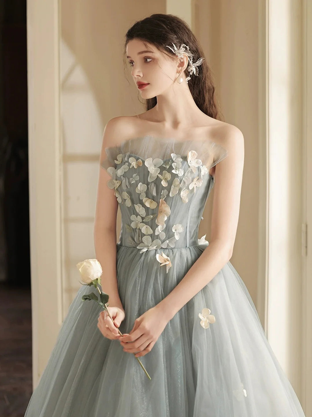 Lovely A-Line Sweetheart Neck Gray Tulle Strapless Long Prom Dress Party Dress