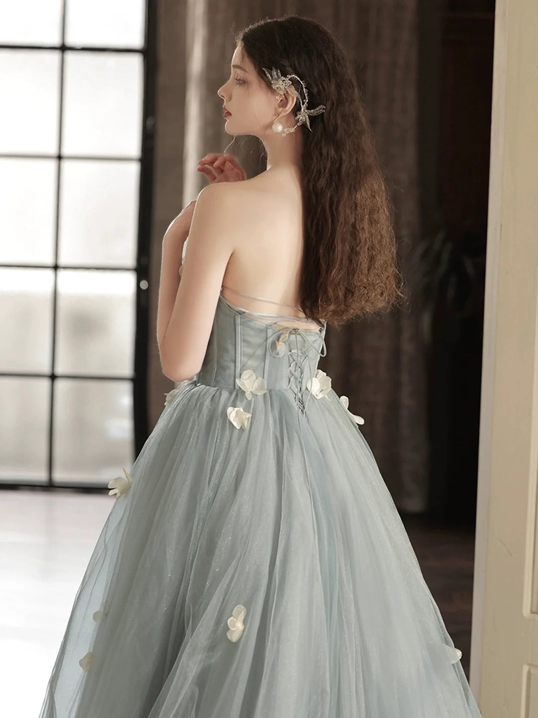 Lovely A-Line Sweetheart Neck Gray Tulle Strapless Long Prom Dress Party Dress