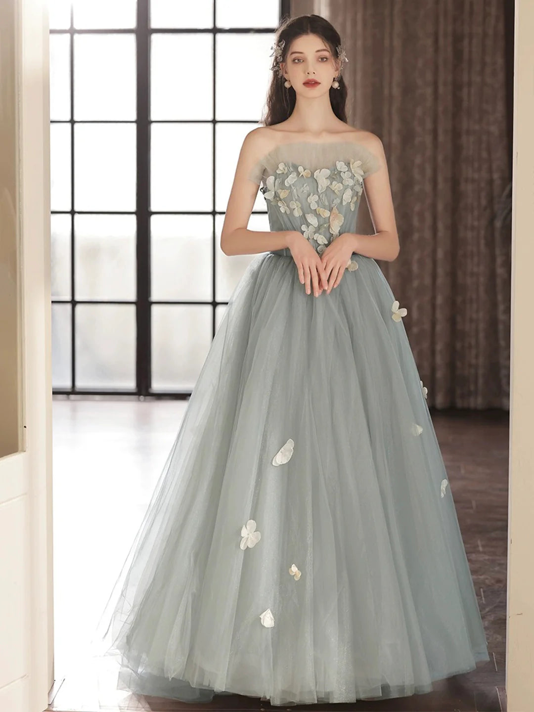 Lovely A-Line Sweetheart Neck Gray Tulle Strapless Long Prom Dress Party Dress