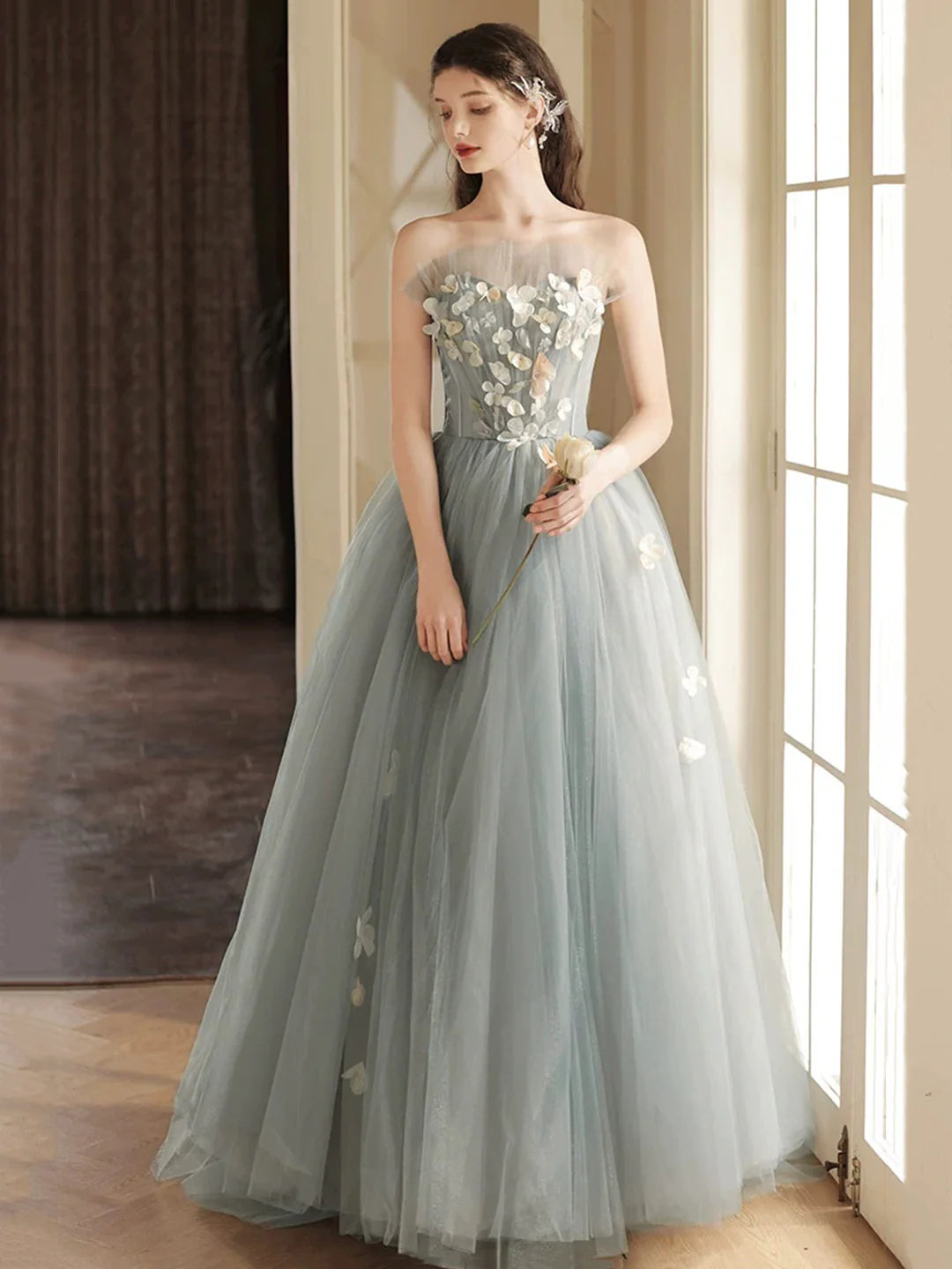 Lovely A-Line Sweetheart Neck Gray Tulle Strapless Long Prom Dress Party Dress