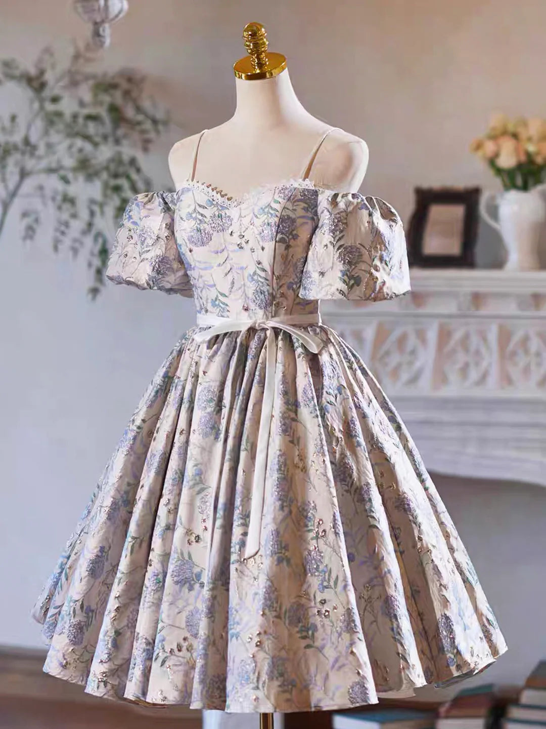 Lovely Gray Sequins Short Sleeve Printing Bow Sash Party Dress A-Line Spaghetti Strap Prom Dress Homecoming Dresses