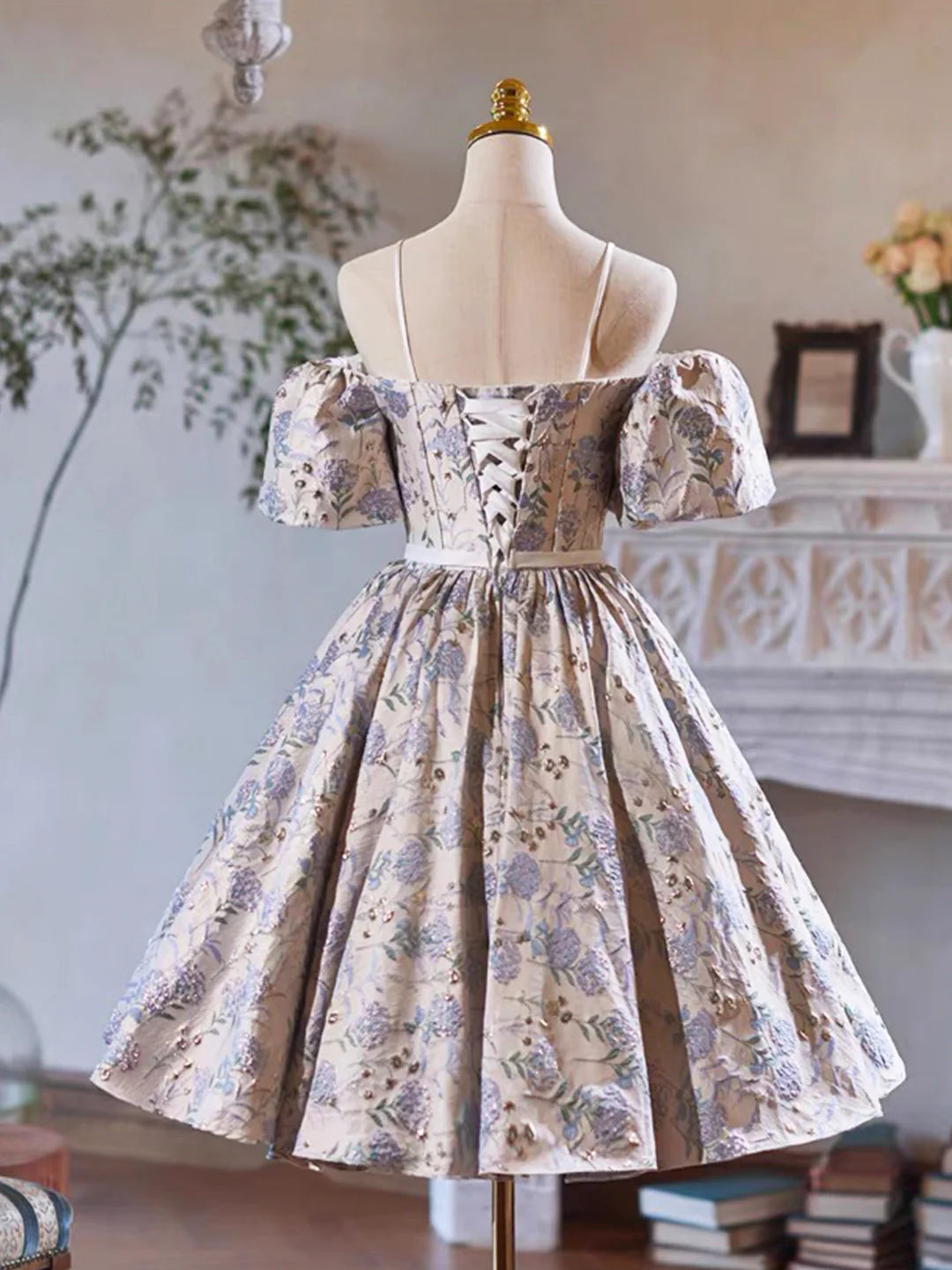 Lovely Gray Sequins Short Sleeve Printing Bow Sash Party Dress A-Line Spaghetti Strap Prom Dress Homecoming Dresses
