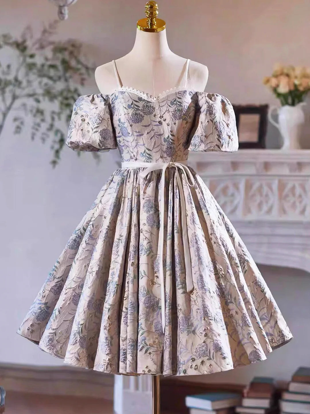 Lovely Gray Sequins Short Sleeve Printing Bow Sash Party Dress A-Line Spaghetti Strap Prom Dress Homecoming Dresses