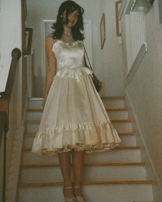 Lovely Ivory Spaghetti Straps A-Line Midi Length Formal Prom Dress Party Dress Cocktail Dress Homecoming Dress Evening Dress