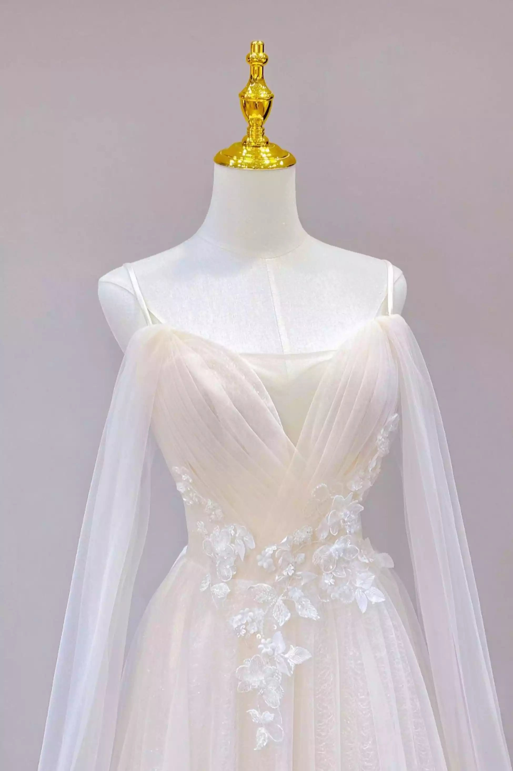 Lovely Lace Champagne Tulle Long Prom Dress Formal Evening Dress