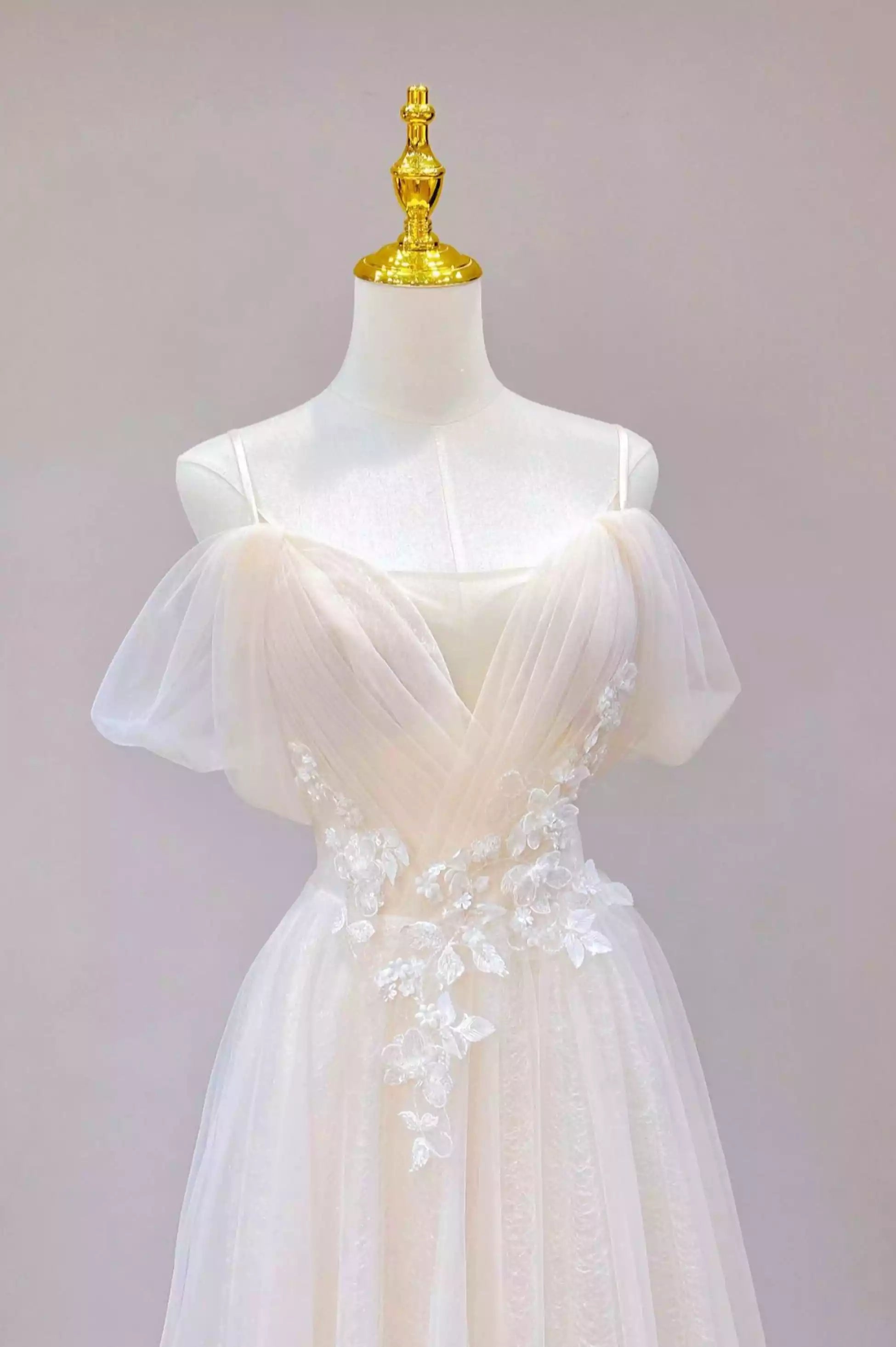 Lovely Lace Champagne Tulle Long Prom Dress Formal Evening Dress