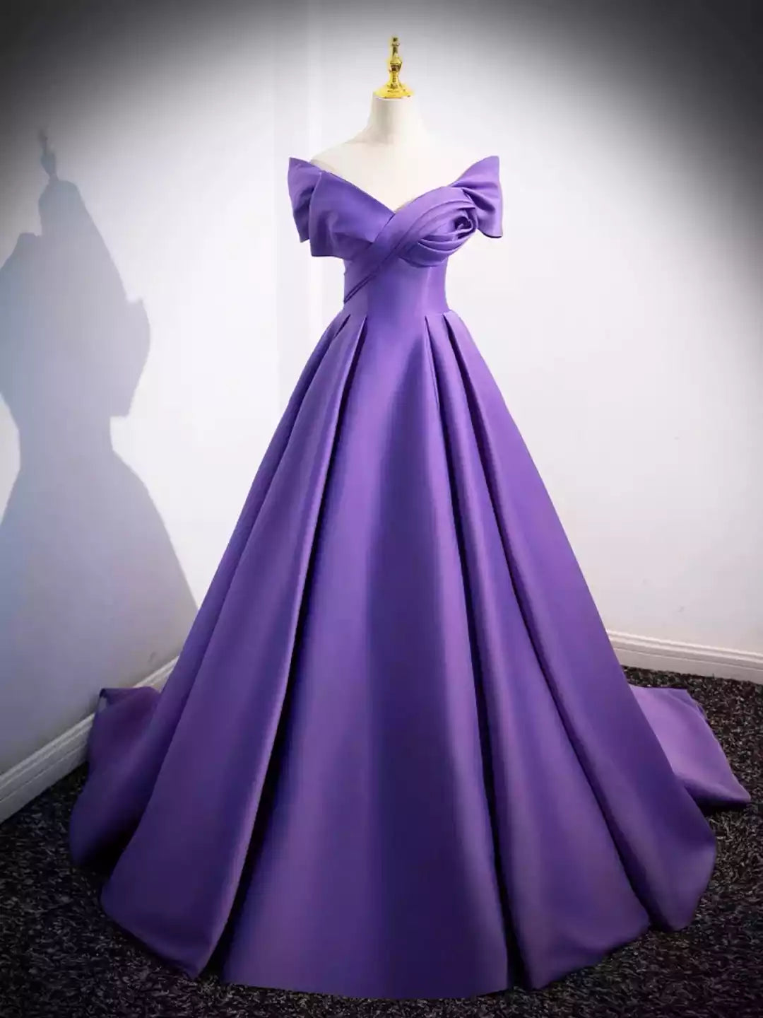 Lovely Off Shoulder Purple Satin Long A-Line Prom Dress Formal Evening Dress