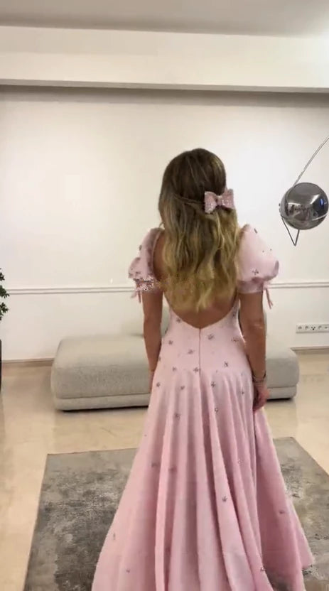 Lovely Pink A-Line Puffy Sleeves Beading Short Sleeves Floor length Prom Dress Cocktail Dress Homecoming Dress Evening Dress Party Dress