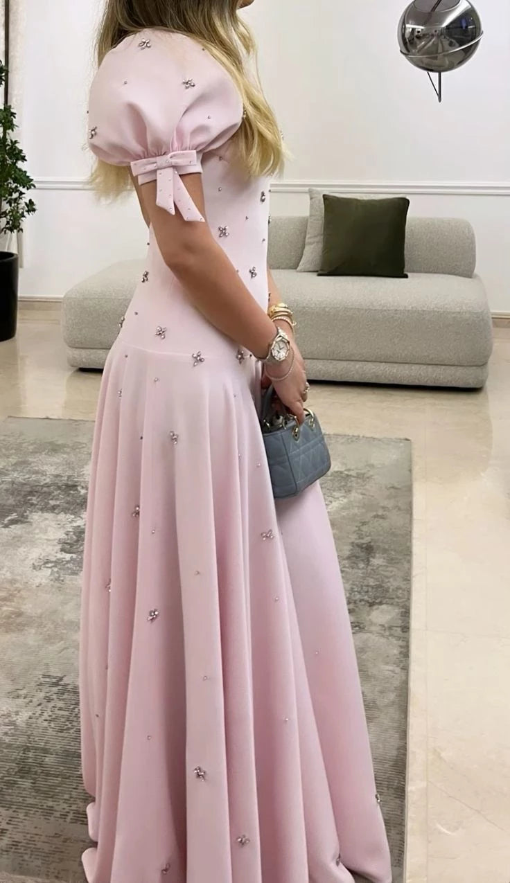 Lovely Pink A-Line Puffy Sleeves Beading Short Sleeves Floor length Prom Dress Cocktail Dress Homecoming Dress Evening Dress Party Dress