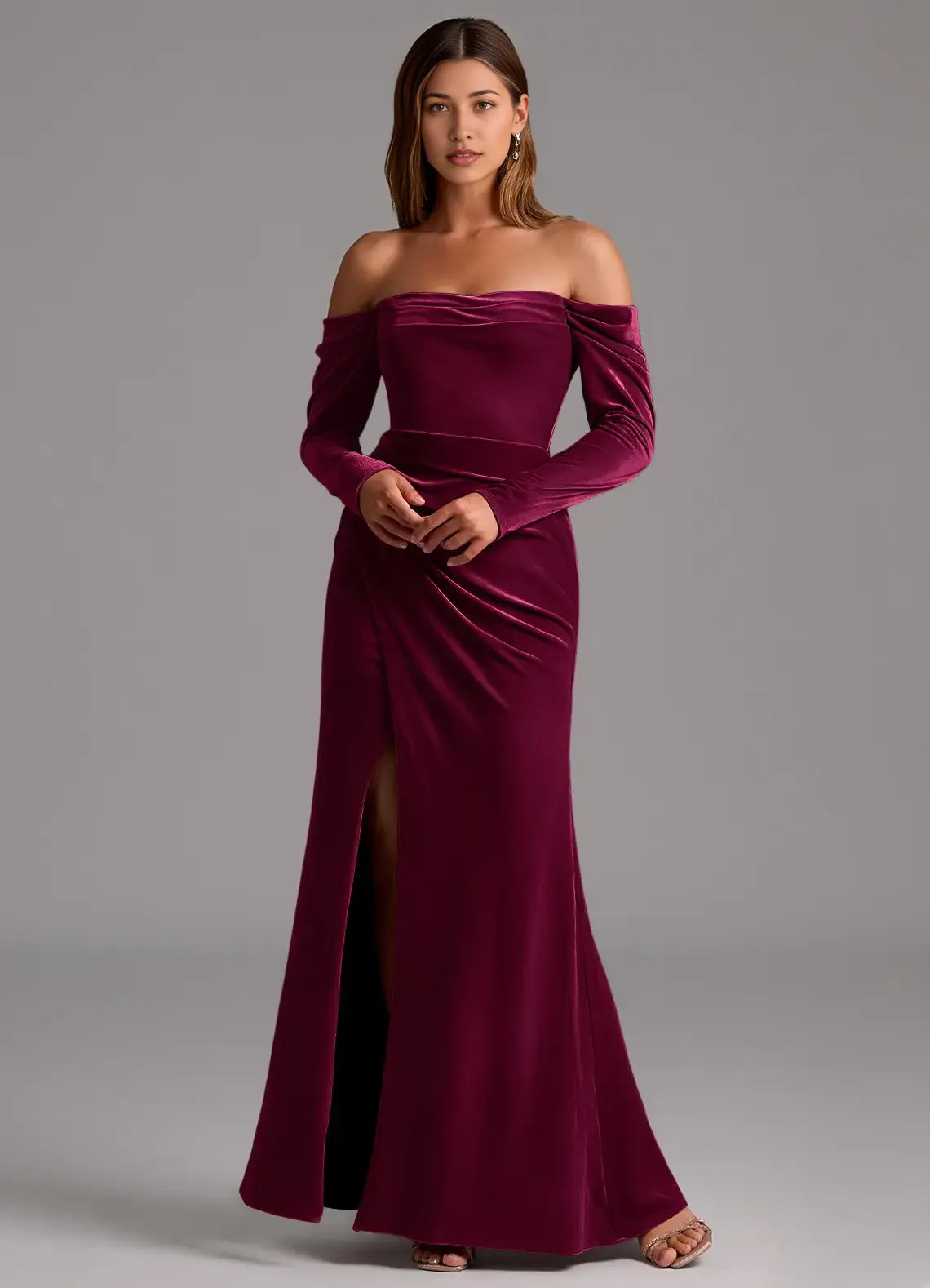 Luminous Trumpet Off the Shoulder Ruched Long Sleeve Cut Out Back Floor Length For Sale Prom Dress ﻿