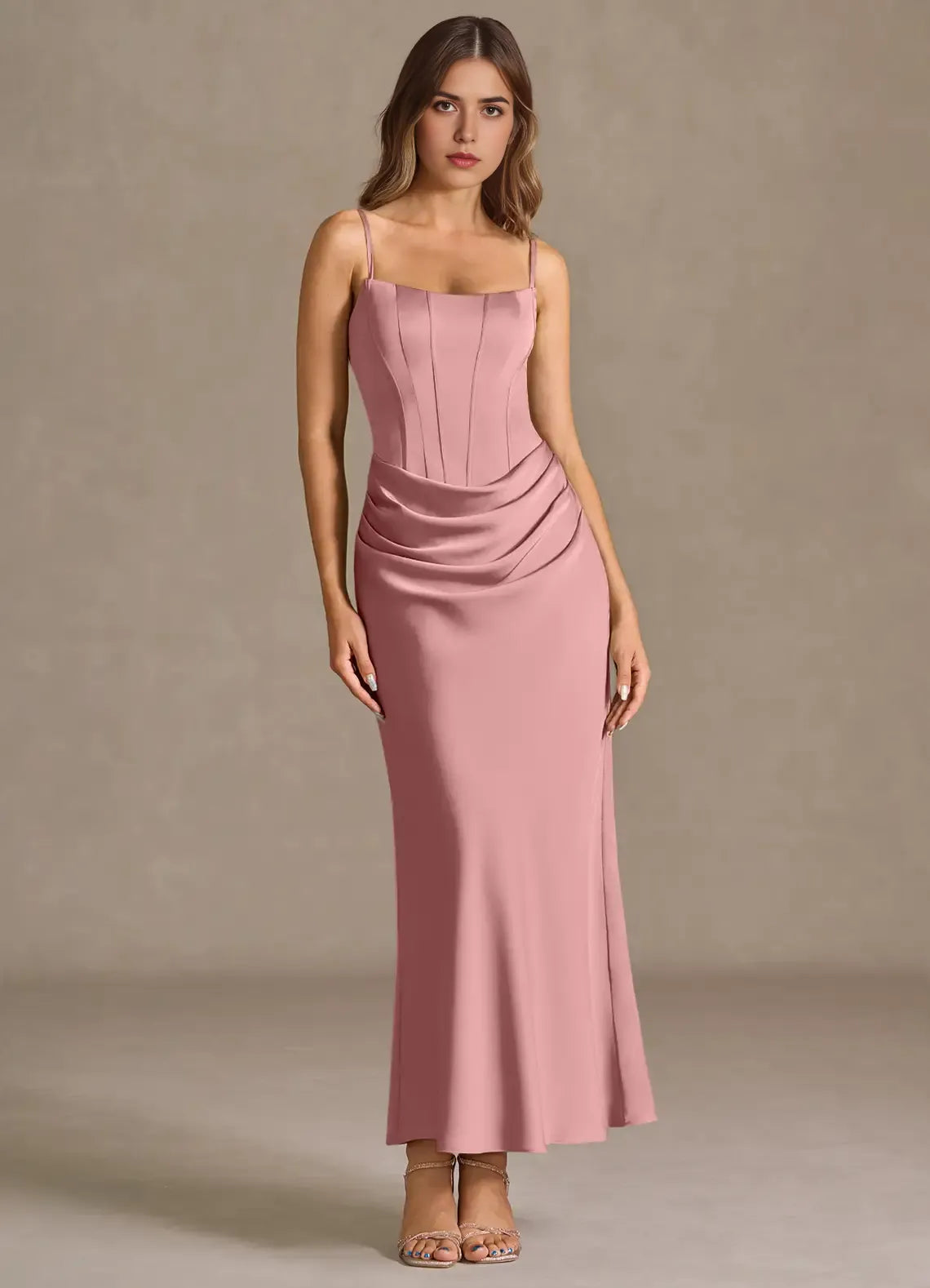 Lush Mermaid Square Neck Spaghetti Strap Ruched Accent Lace Up Back Floor Length For Women Prom Dress