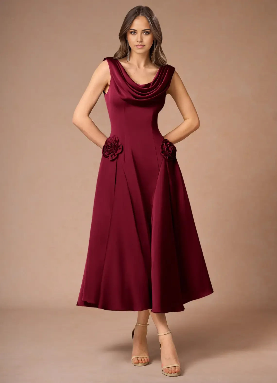 Lustrous A Line Cowl Neck Sleeveless Open Back Midi Length For Sale Prom Dress