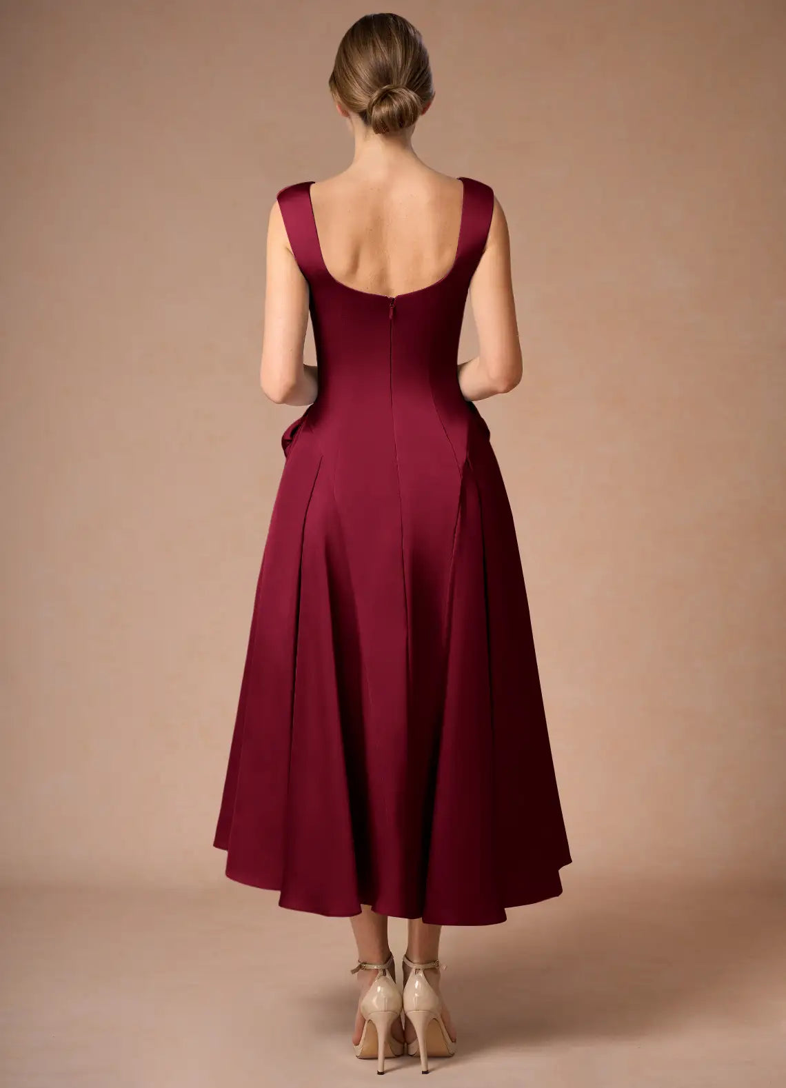 Lustrous A Line Cowl Neck Sleeveless Open Back Midi Length For Sale Prom Dress