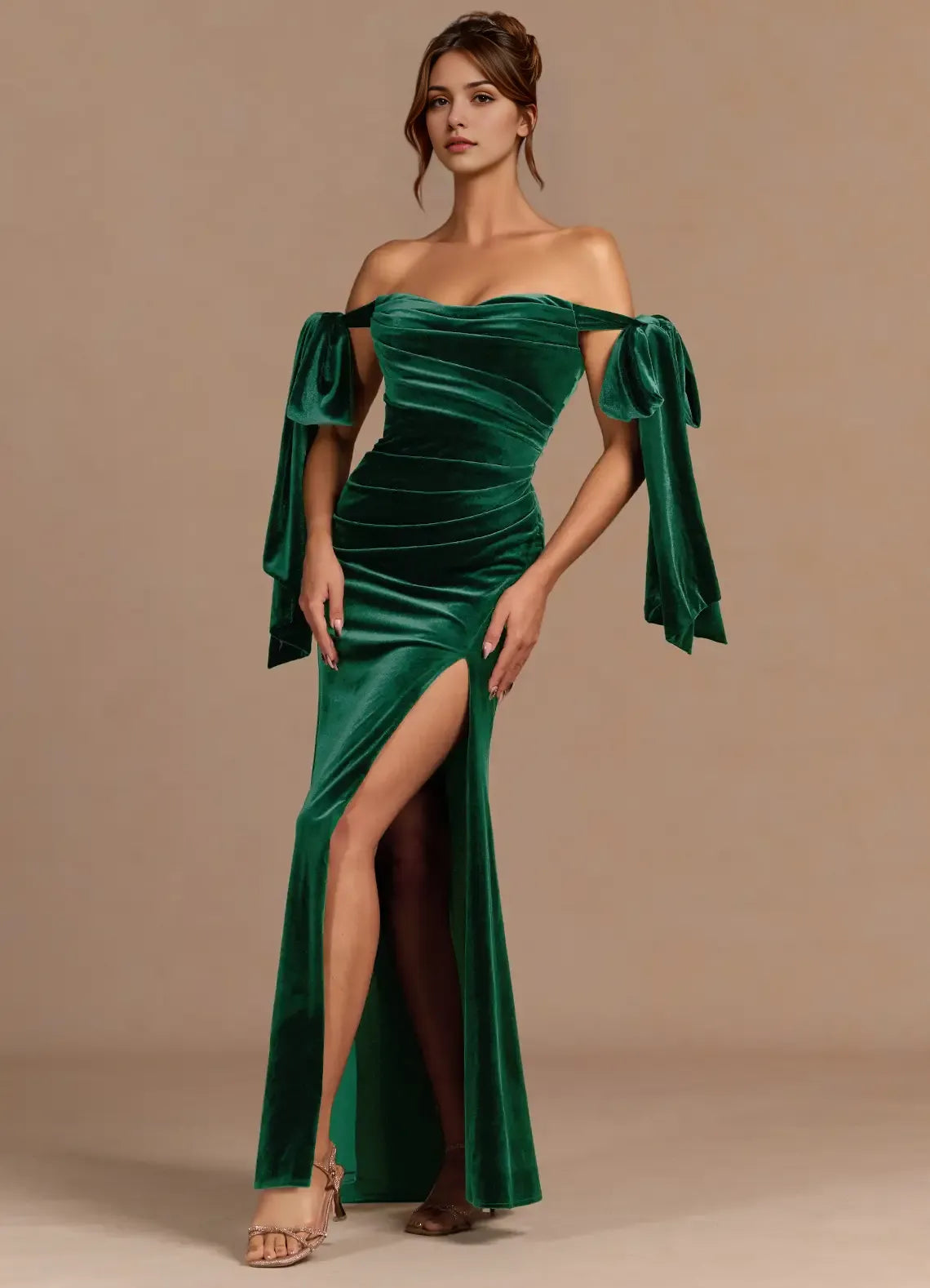 Lustrous Mermaid Off the Shoulder Bow Accent Sleeveless Ruched Back Floor Length Female Prom Dress